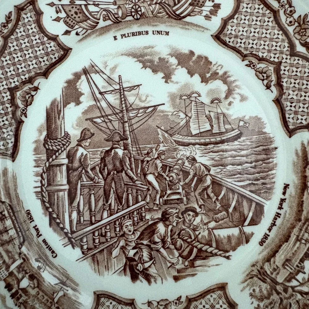 Alfred Meakin Fair Winds Brown‎ Transferware Bread Plate USS Constitution 6.25in